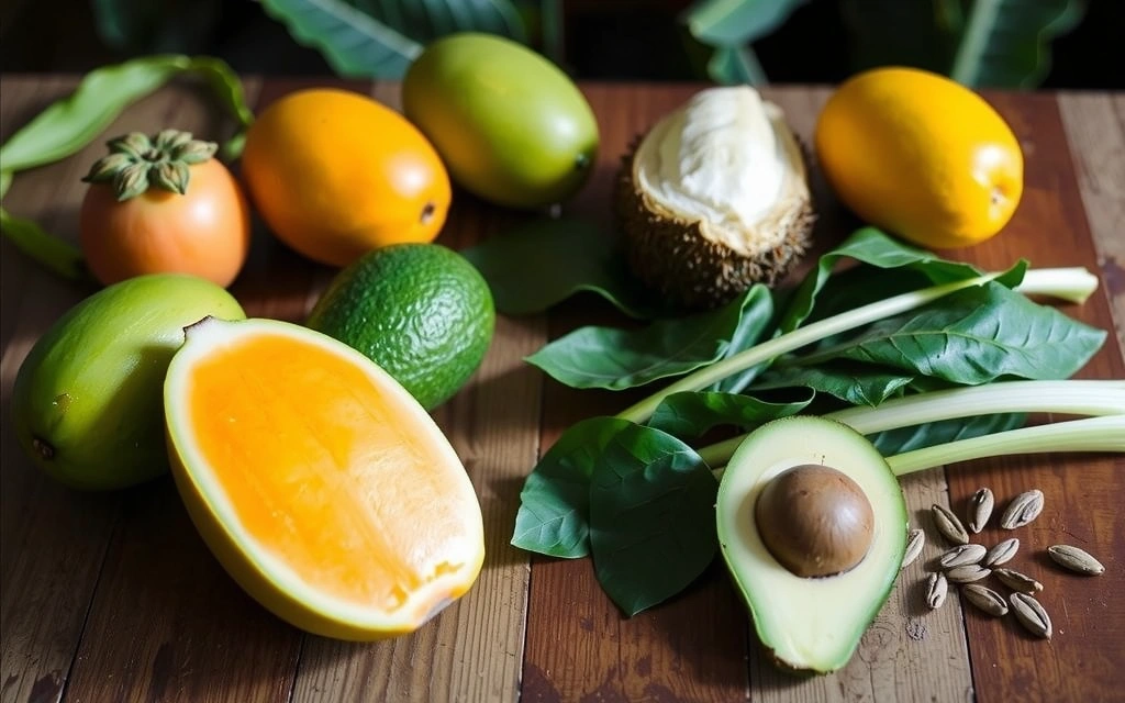 Indonesian tropical fruits and vegetables including mangosteen, durian, and local greens