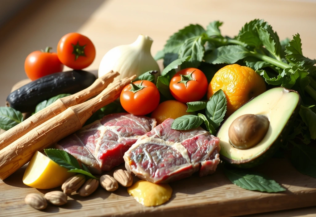 Natural whole foods representing ancestral nutrition including grass-fed meat, vegetables, nuts, and fruits